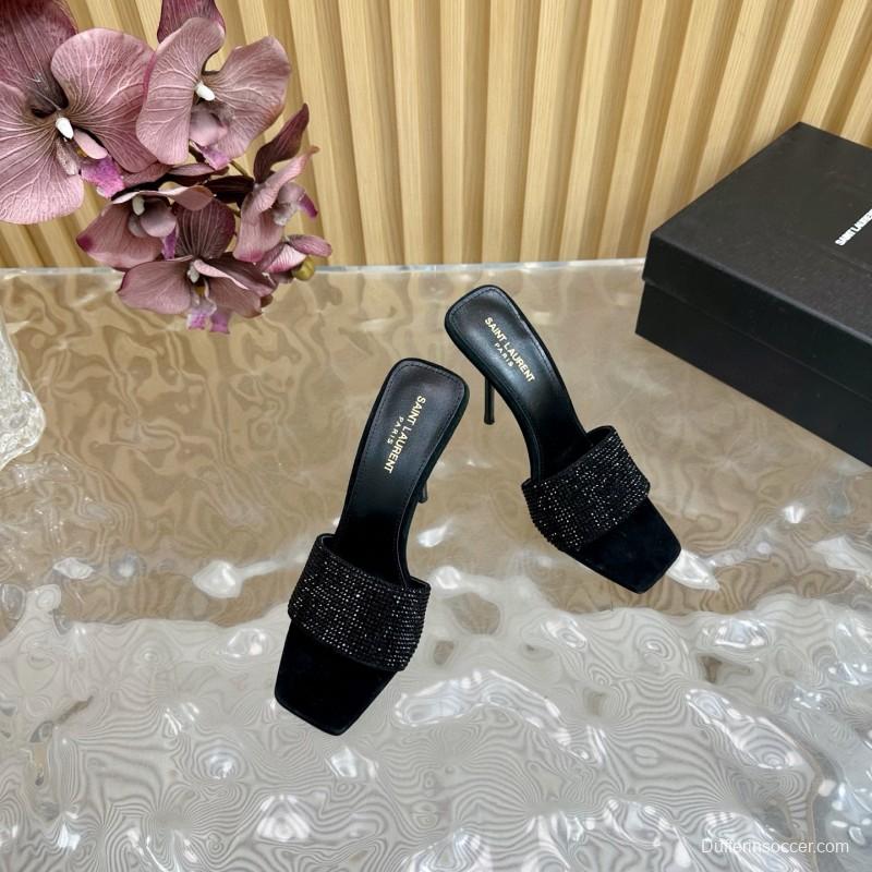 2025 Women Yves Saint Laurent Black Rhinestone Leather High Heel Sandals MJ00300