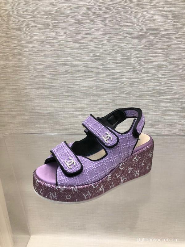 2025 Slippers Chanel Purple Fabric Wedge Sandals