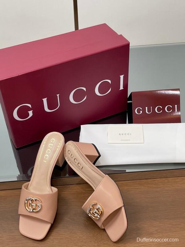 2025 Women Gucci Pink Leather Slippers GG Crystal Buckle LY00280