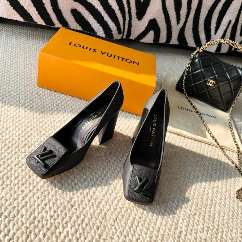 2024 Women Louis Vuitton Black Leather Block Heel Pumps