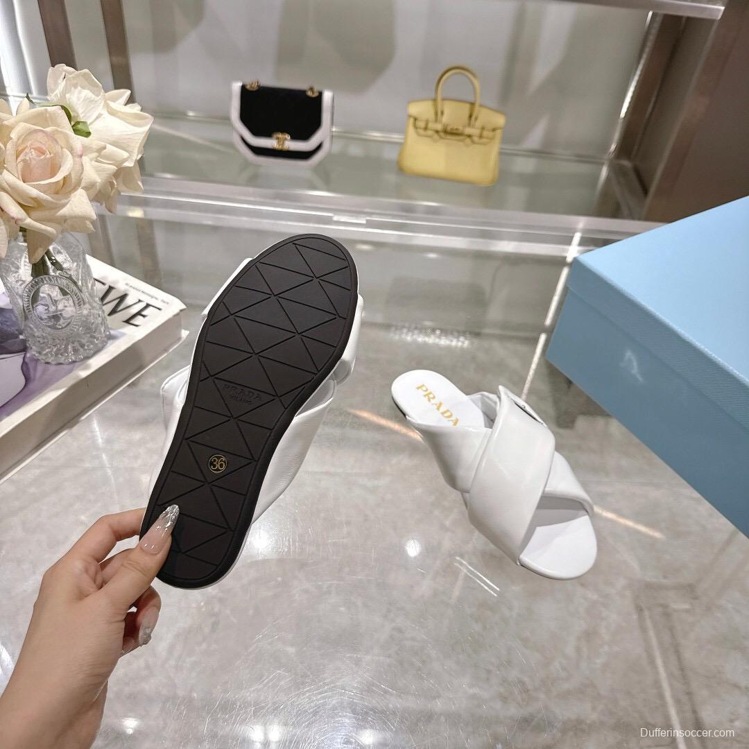 2025 Women Prada White Leather Slippers