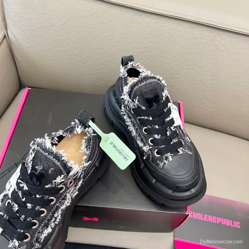 2025 Women SmileRepublic Black Tweed Leather Canvas Chunky Sneakers LY00291