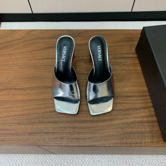 2025 Women VERSACE Silver Leather Slippers