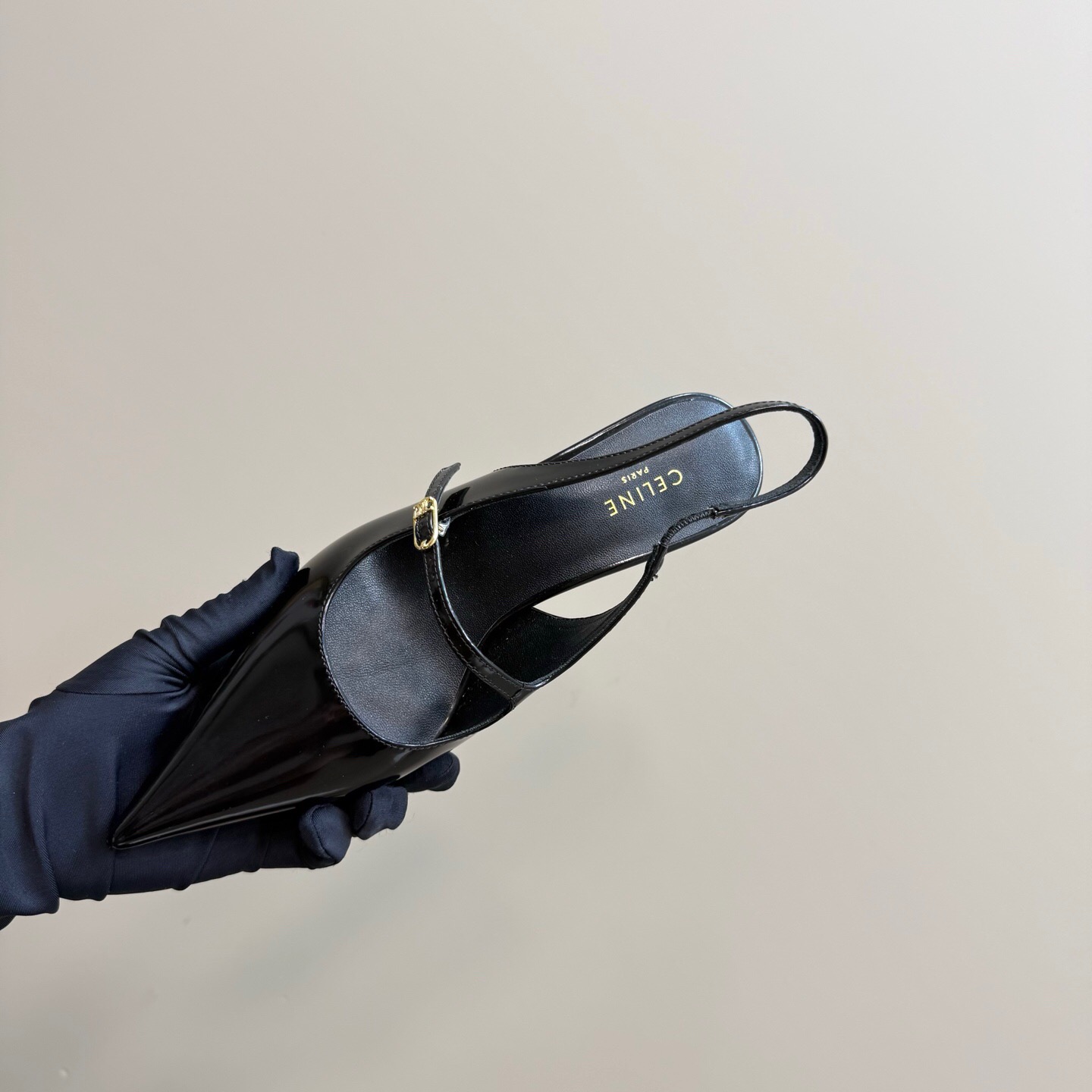 2025 Women Celine Black Patent Leather Slingback Pointed Toe Heels KFY00310