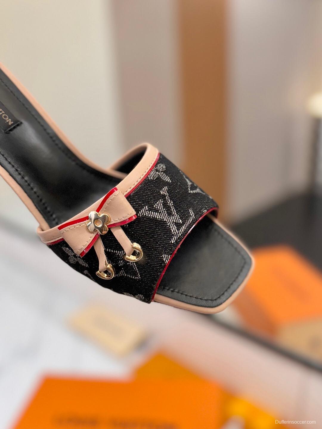 2025 Women Louis Vuitton Black Beige Denim Sandals LV Element KFY00310