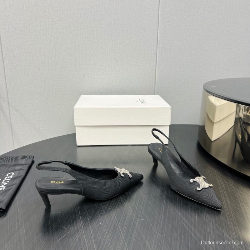 2025 Women Celine Black Fabric Leather Slingback Kitten Heels KFY00290