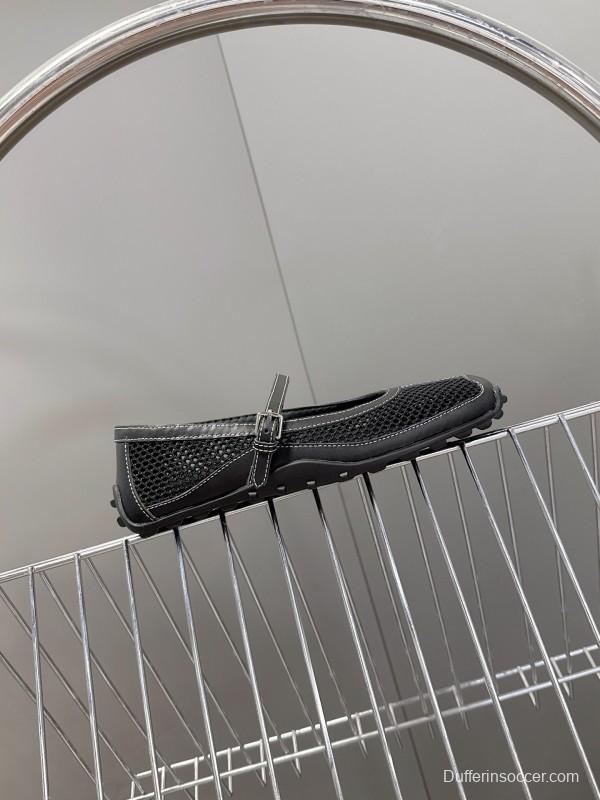 2025 Women Hermès Black Mesh Leather Mary Jane Shoes