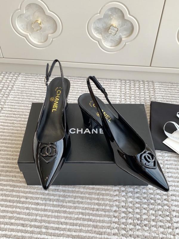 2025 Women Chanel Black Patent Leather Slingback Pumps Heart CC KFY00300