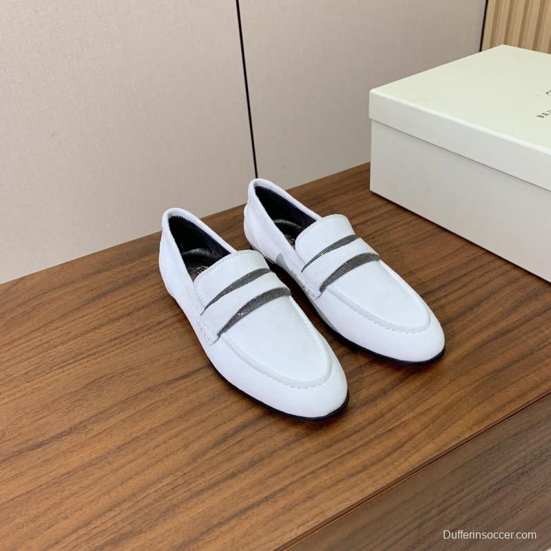 2025 Women Brunello Cucinelli White Suede Loafers Handcrafted Bead Chain Detail LY00360 (F)