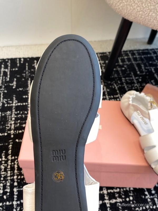 2025 Women Miu Miu White Calf Leather Flat Sandals