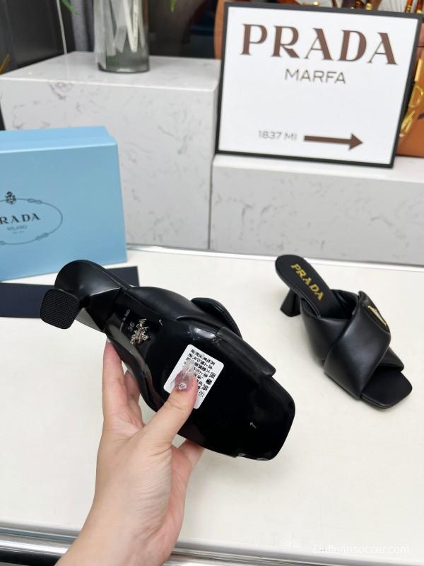 2025 Women Prada Black Soft Leather High Heel Mules KFY00270