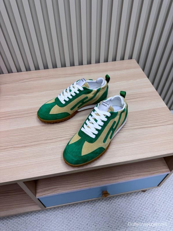 2025 Unisex Hermès Green Beige Suede Down Fabric Sneakers Top Version KFY00300