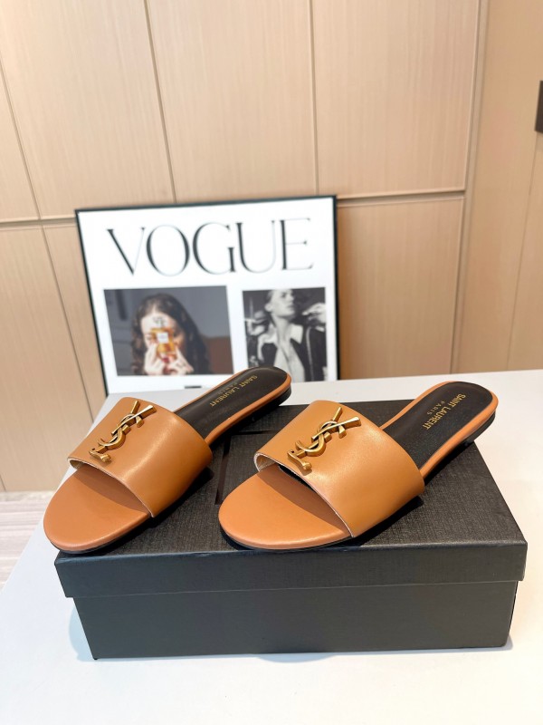 2025 Women Yves Saint Laurent Light Brown Leather Slippers LY00180
