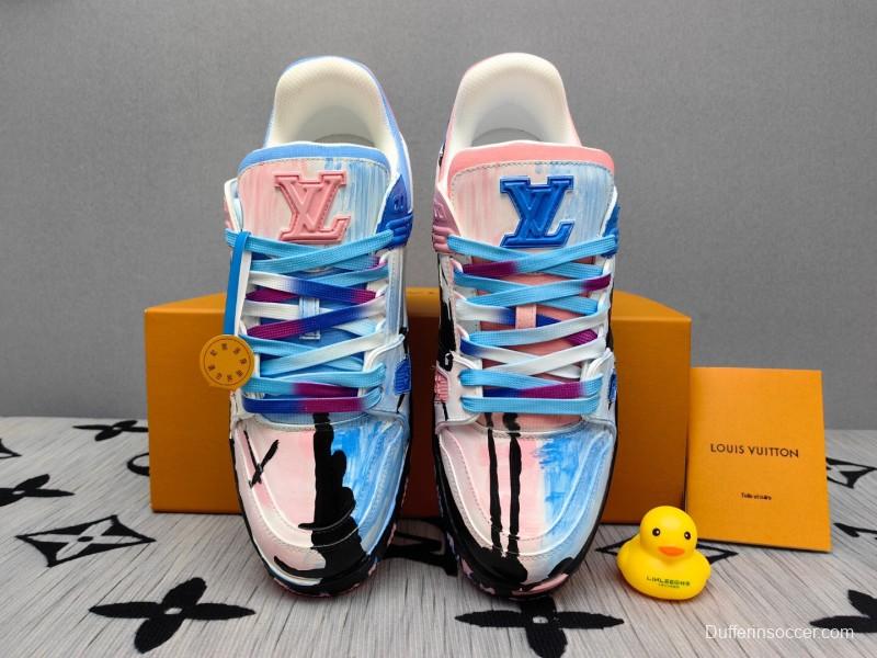 2025 Unisex Louis Vuitton Pink Blue Leather Canvas Plimsolls Hand Painted KFY00620