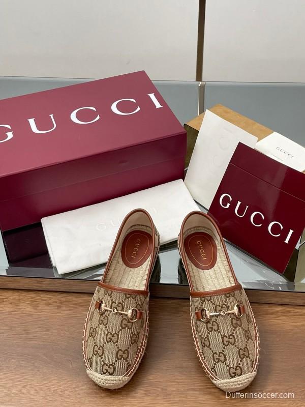 2025 Women Gucci Brown Canvas Leather Loafers Horsebit LY00200