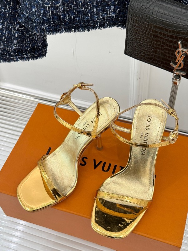 2025 Women Louis Vuitton Gold Leather Sandals