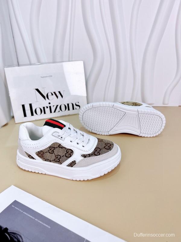 2024 Kids Gucci White Brown Cotton Leather Sneakers