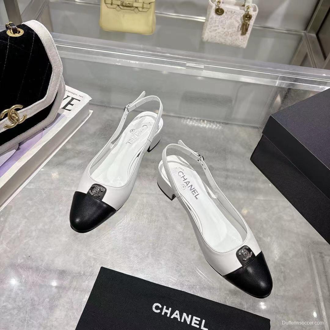 2025 Women Chanel White Black Leather Slingback Heels LY00300