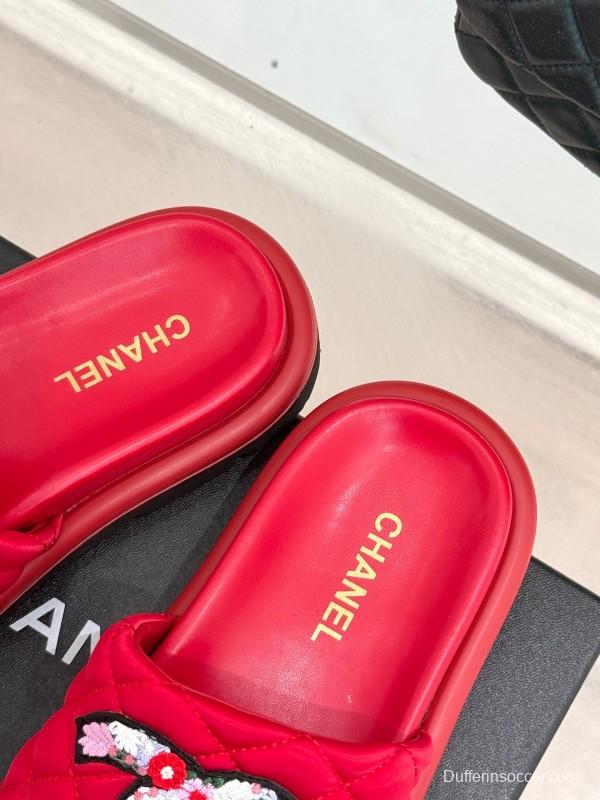 2025 Slippers Chanel Red Quilted Sequins Slide KFY00261