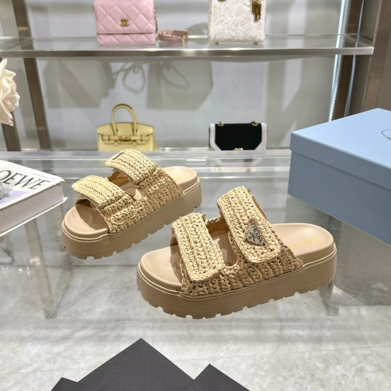 2025 Women Prada Beige Woven Leather Slippers LY