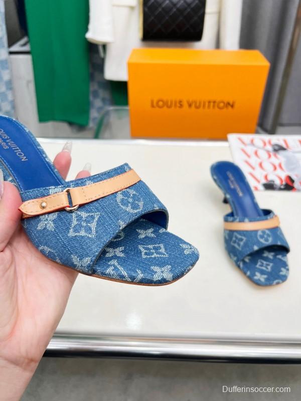 2025 Women Louis Vuitton Denim Blue Leather Heeled Sandals LY00260