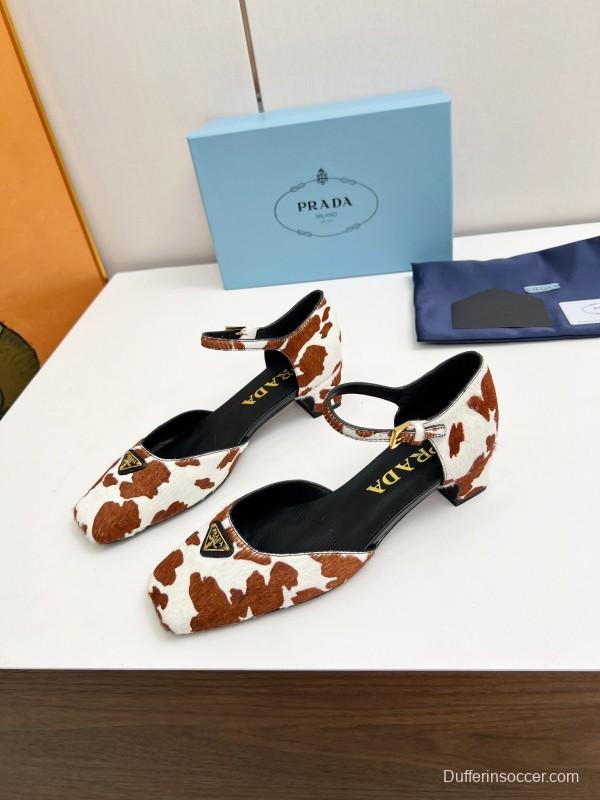 2025 Women Prada Brown White Calf Hair Strap Heels LY00270