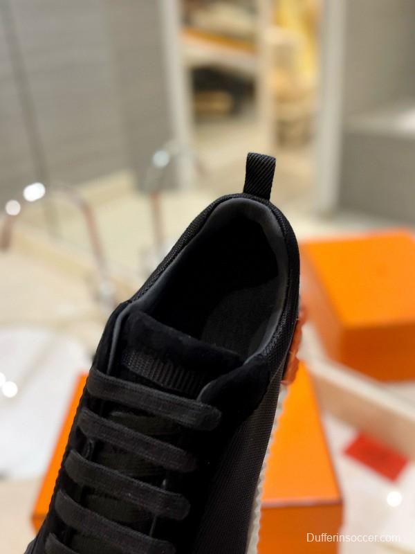 2024 Unisex Hermès Black Imported Silk Glazed Calf Suede Synthetic Fabric Sneakers MJ00320