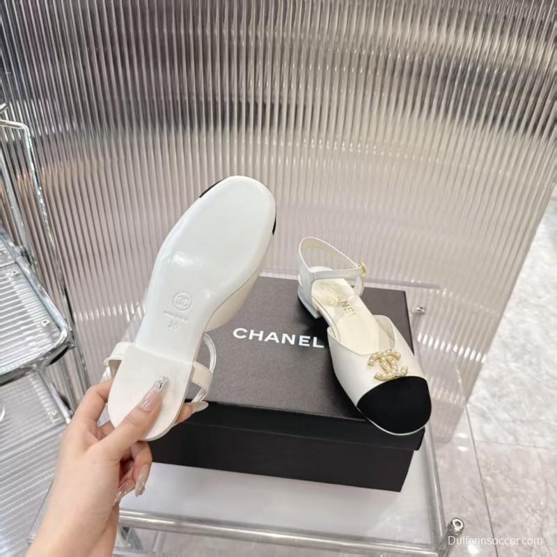 2025 Women Chanel White Black Leather Slingback Flats