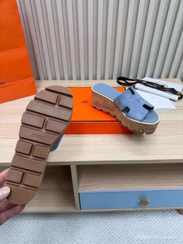 2025 Women Hermès Blue Suede Slippers