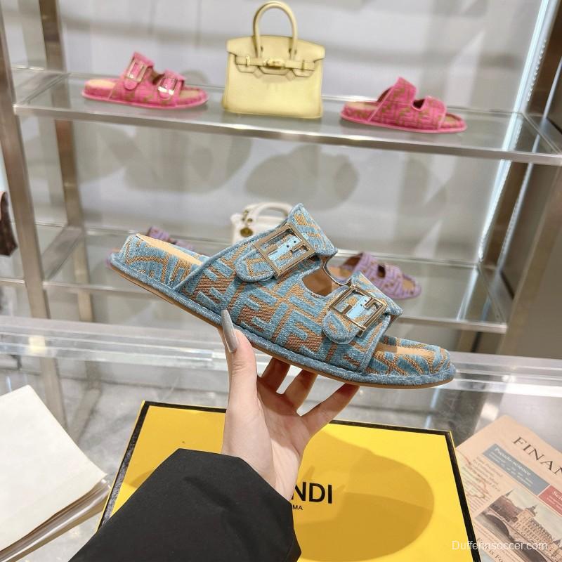 2025 Fendi Blue Beige Jacquard Fabric Slippers Buckle MJ00230