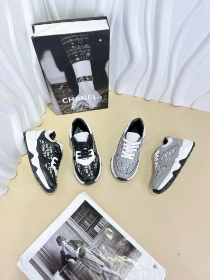 2024 Kids CHANEL Black White Leather Sneakers