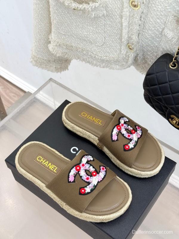 2025 Women Chanel Khaki Embroidered Lambskin Slippers KFY00230