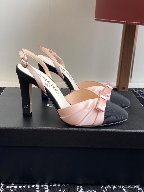 2025 Women Chanel Pink Black Satin Leather Slingback Heels KFY00289