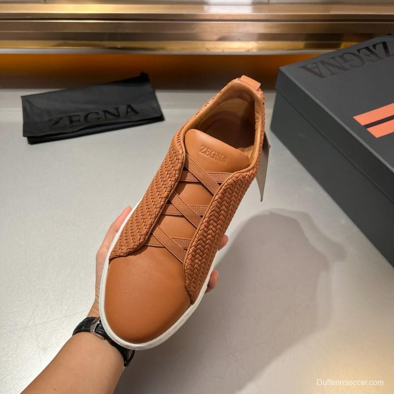 2024 Men Ermenegildo Zegna Brown Leather Woven Sneakers