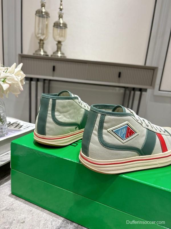 2025 Women Bottega Veneta Green White Red Canvas Leather High Top Sneakers