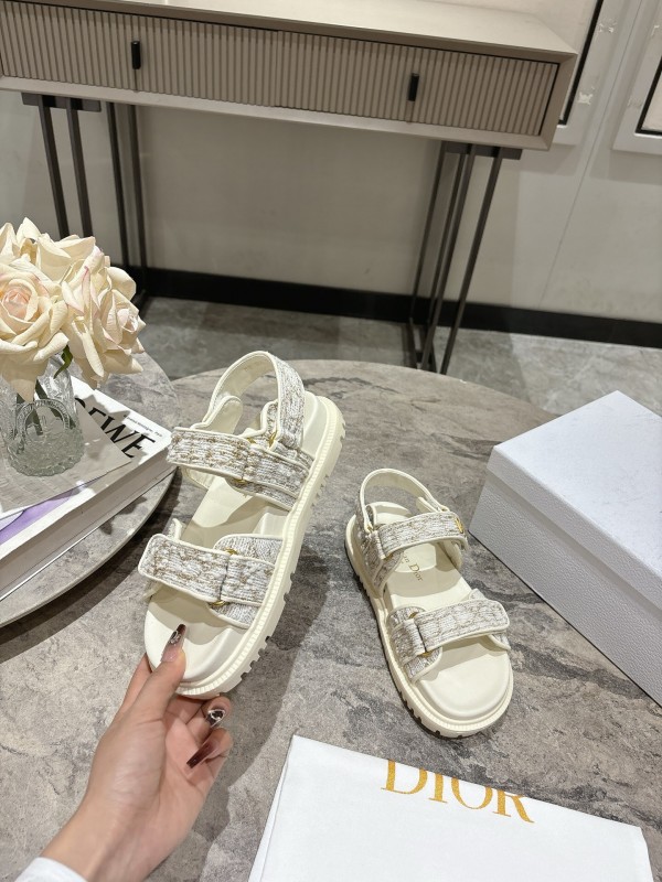 2025 Women Dior White Fabric Leather Sandals KFY00300