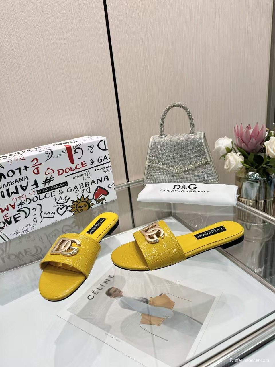 2025 Women Dolce & Gabbana Yellow Leather Slippers LY00190