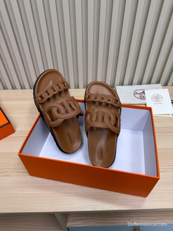 2025 Women Hermès Brown Leather Slippers KFY00260