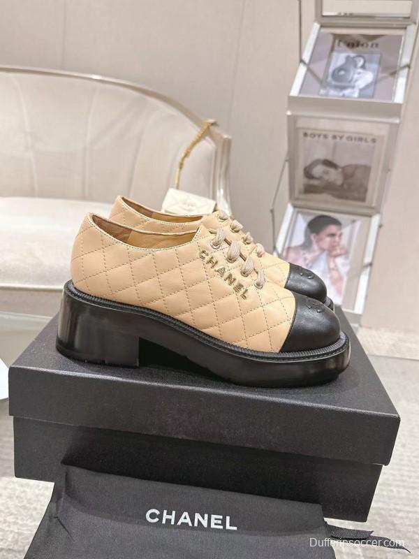 2025 Women Chanel Beige Black Leather Platform Oxford B2099