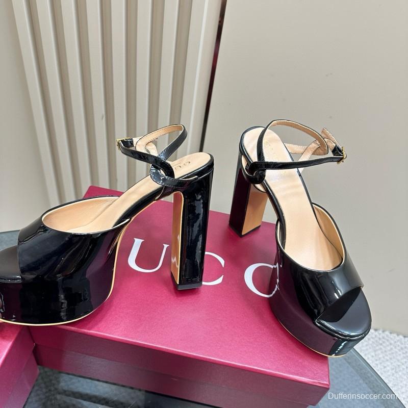 2025 Women Gucci Black Patent Leather Platform Sandals MJ00340