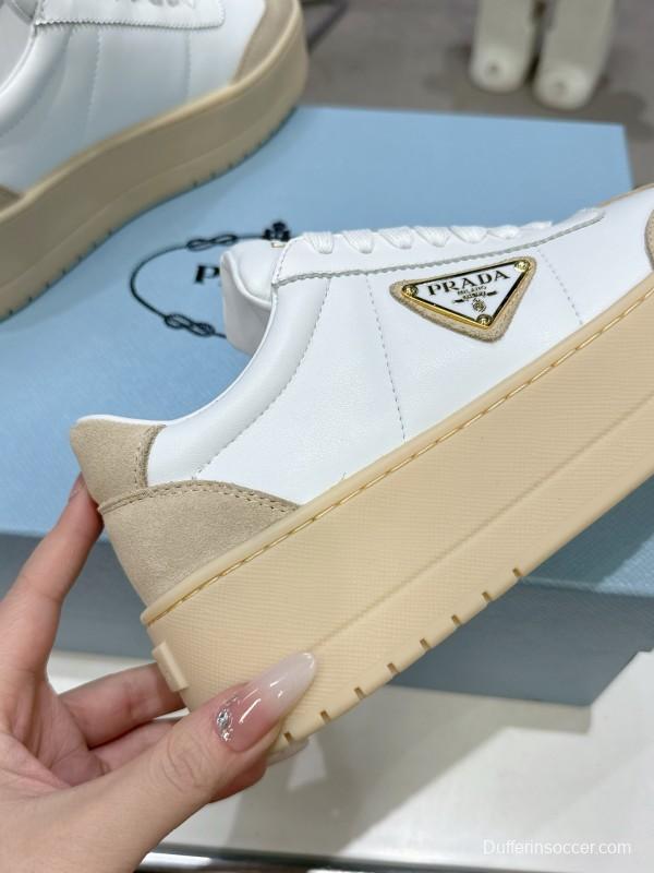 2025 Women Prada White Beige Leather Suede Sneakers