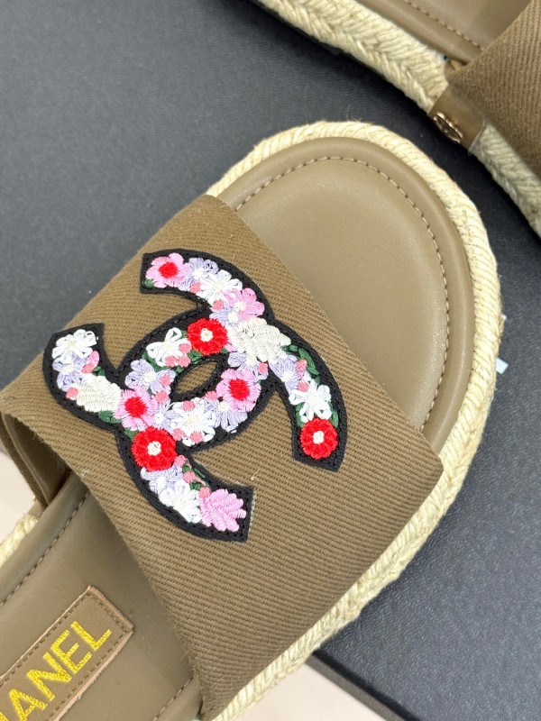 2025 Women Chanel Khaki Embroidered Lambskin Slippers KFY00230