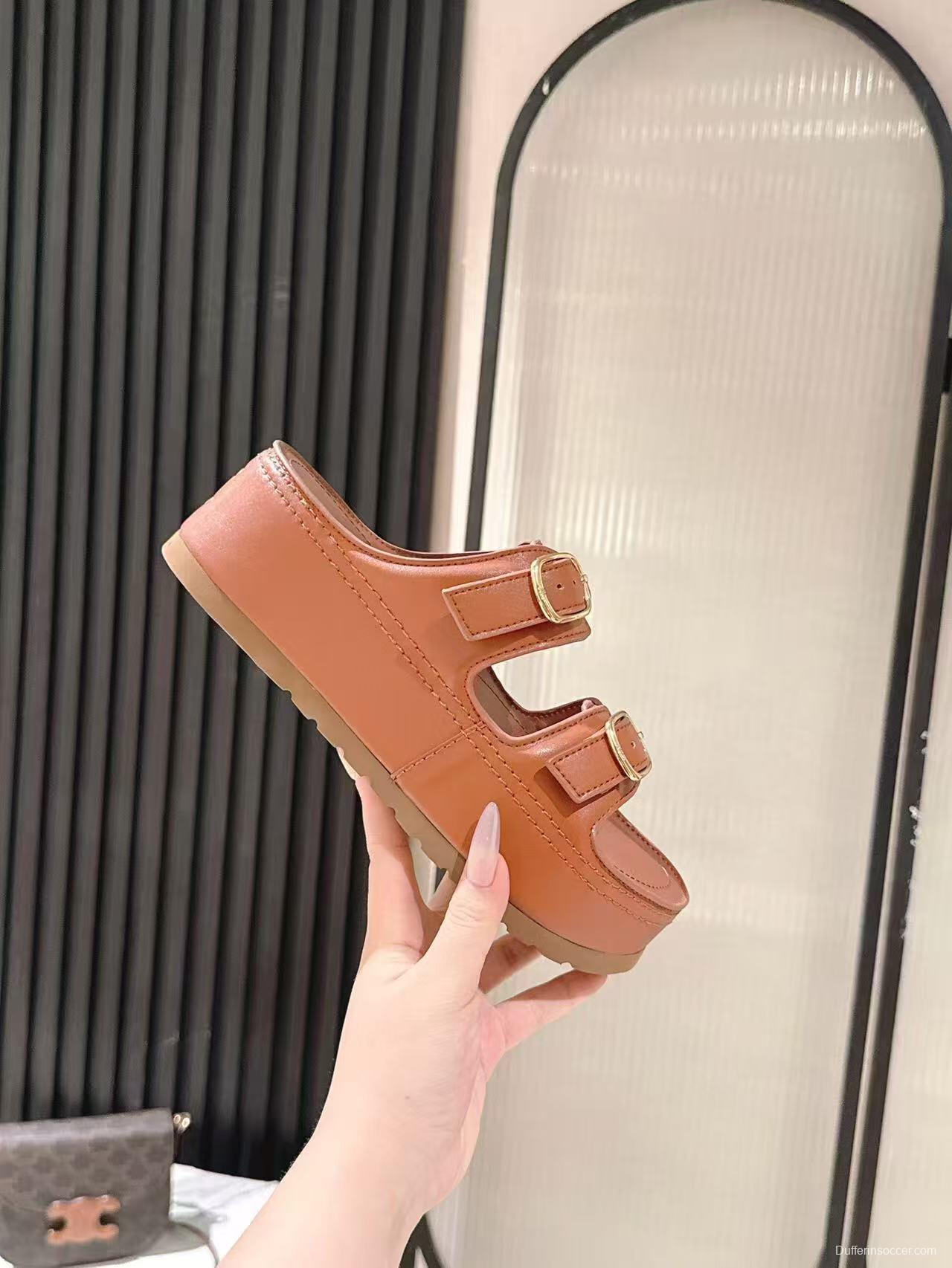 2025 Women Celine Brown Leather Platform Sandals LY00300