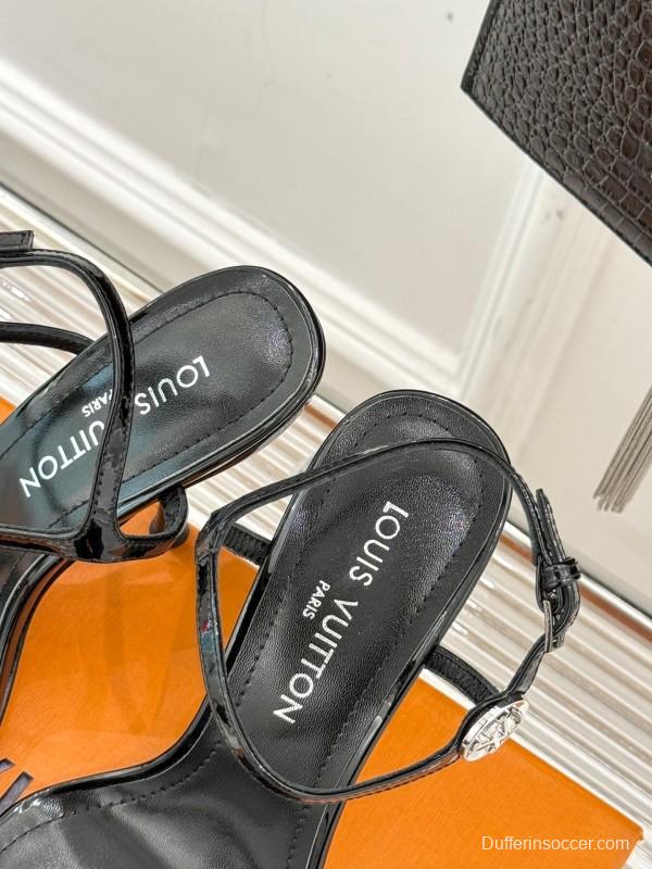 2025 Women Louis Vuitton Black Leather High Heel Sandals