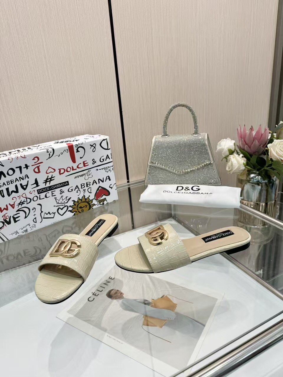 2025 Women Dolce & Gabbana Beige Leather Slippers