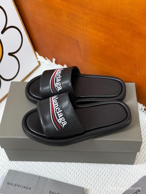 2025 Slippers Balenciaga Black Leather Slippers KFY00230