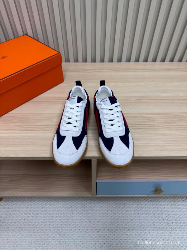 2025 Unisex Hermès White Navy Red Suede Down Fabric Sneakers Top Version LY00310