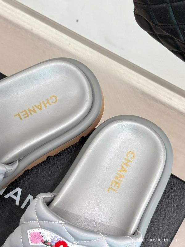 2025 Slippers Chanel Silver Floral Embroidery Leather Slippers KFY00260