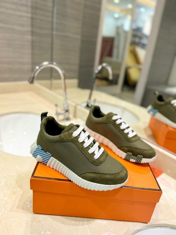 2024 Unisex Hermès Green Khaki Imported Silk Leather Sneakers MJ00320