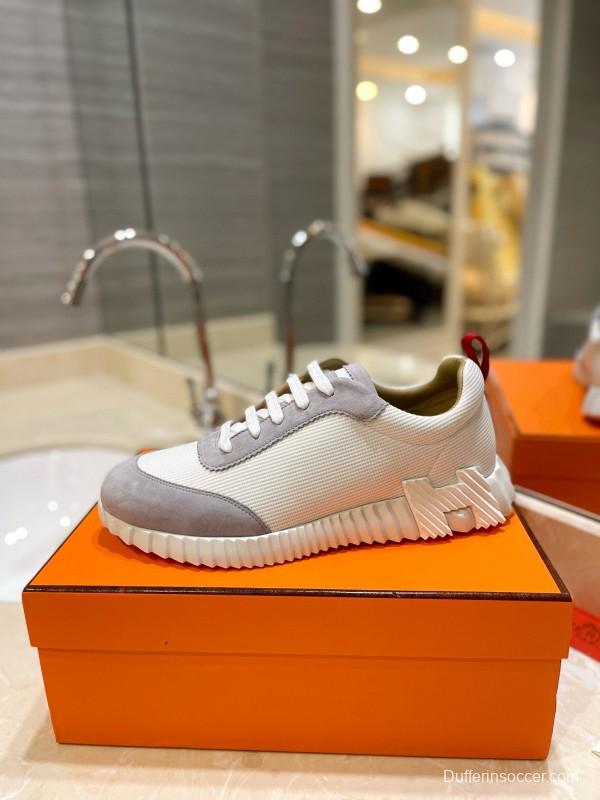 2024 Unisex Hermès White Grey Silk Leather Sneakers MJ00320